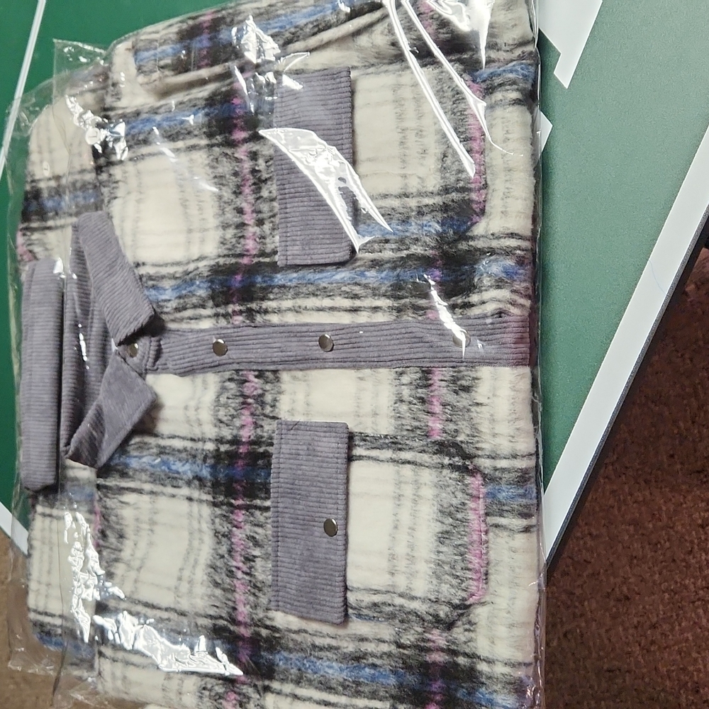 Long Sleeve Button Up Shacket, gray, white, pink, and blue. Size Large